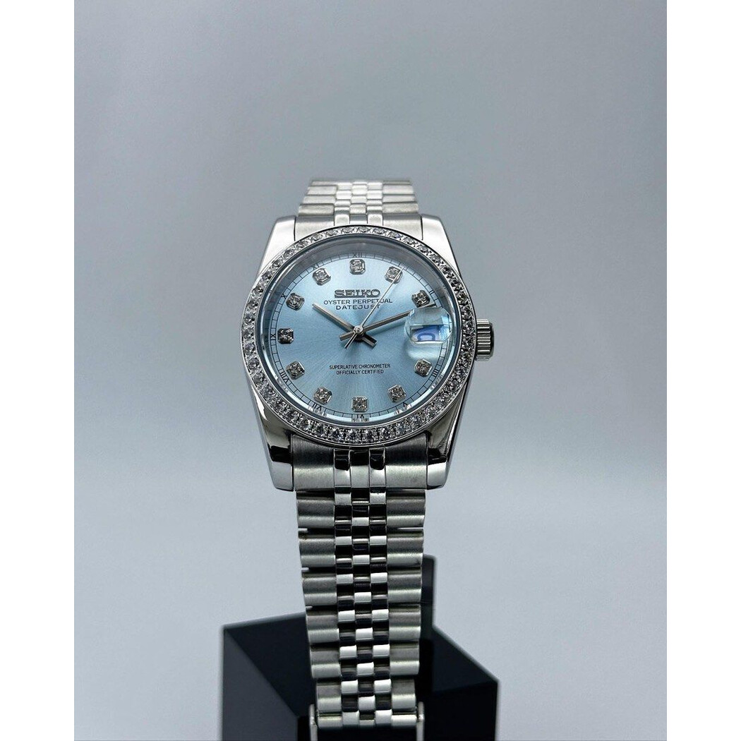Custom Seiko Mod • Double Diamond Ice Blue DateJust • 36mm